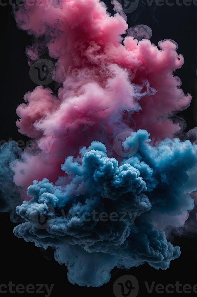 A cloud of smoke fills the frame, with pink and blue colors blending together The background is a black surface. photo