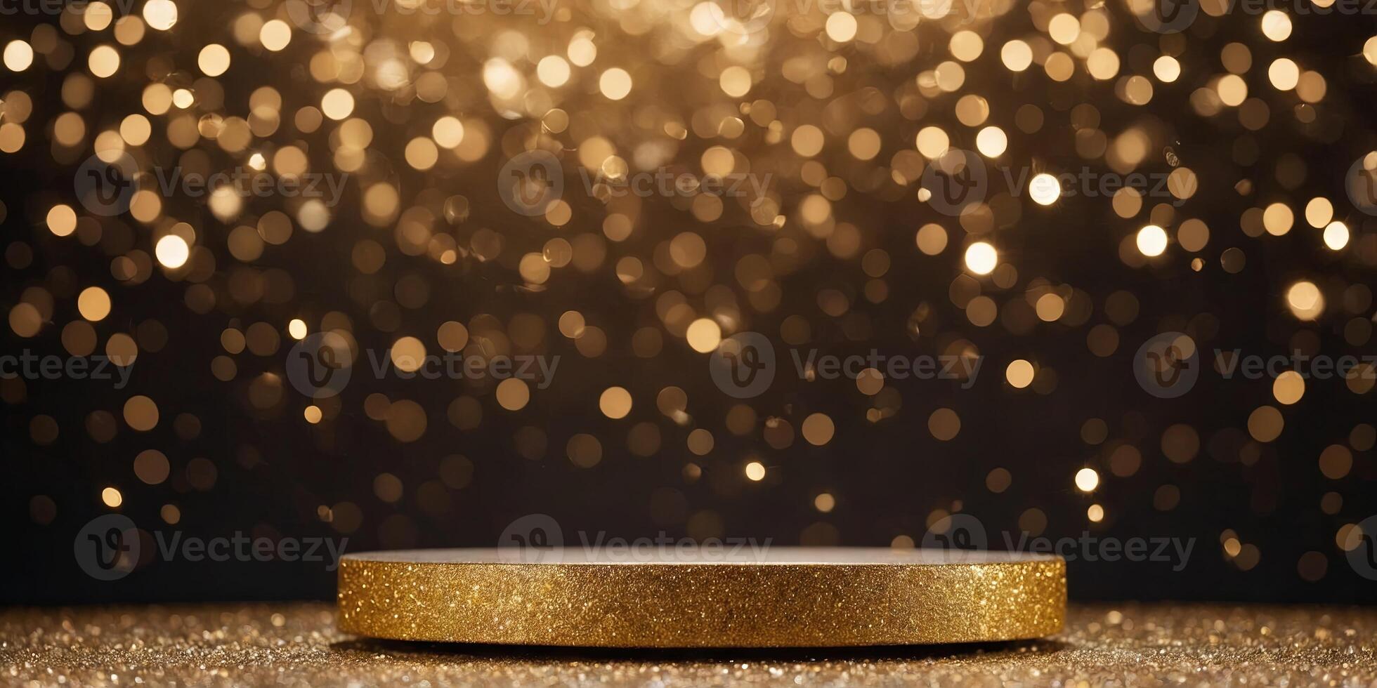 A gold podium on a glitter background with bokeh lights serves as a mock-up pedestal for product presentation. photo