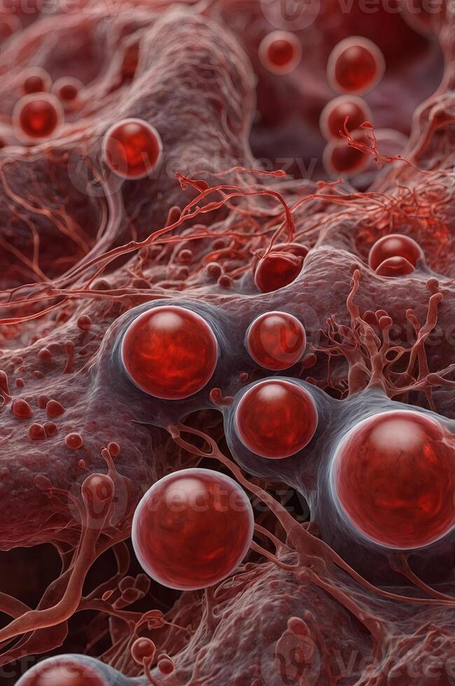 A closeup view of red blood cells flowing through a vein, symbolizing the circulatory system and medical concepts related to hematology. photo