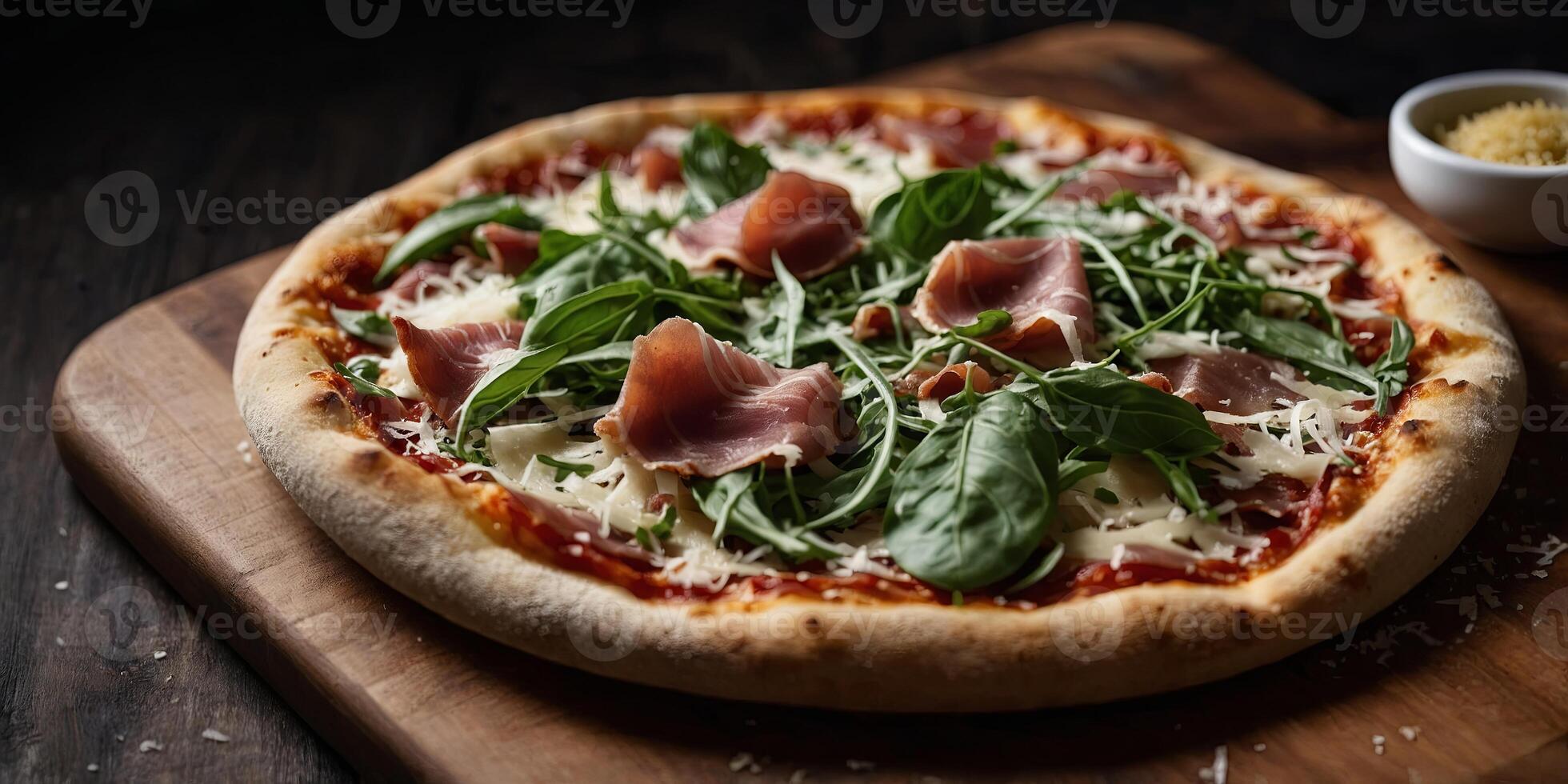 A gourmet pizza topped with arugula, prosciutto, and shaved Parmesan cheese, presented on a wooden board for an elegant touch. photo