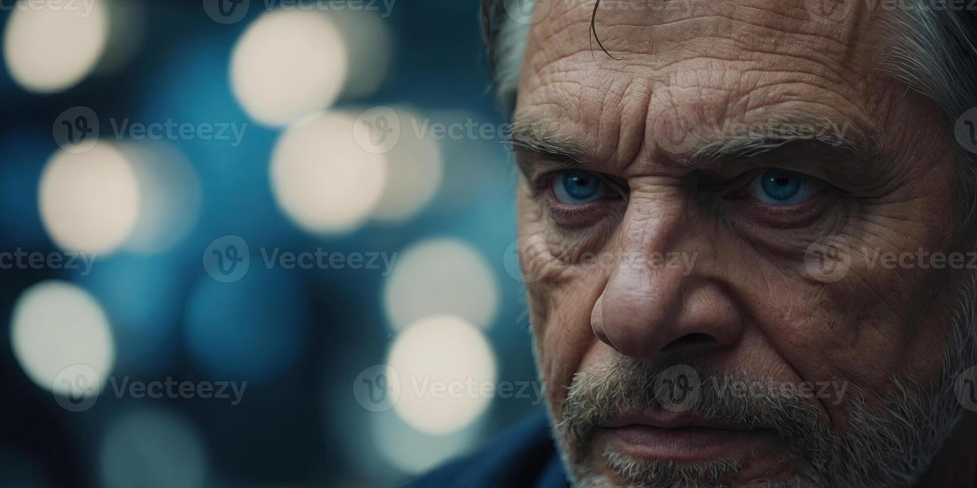 A man with a wrinkle on his face with blue eyes scrutiny features beauty. photo