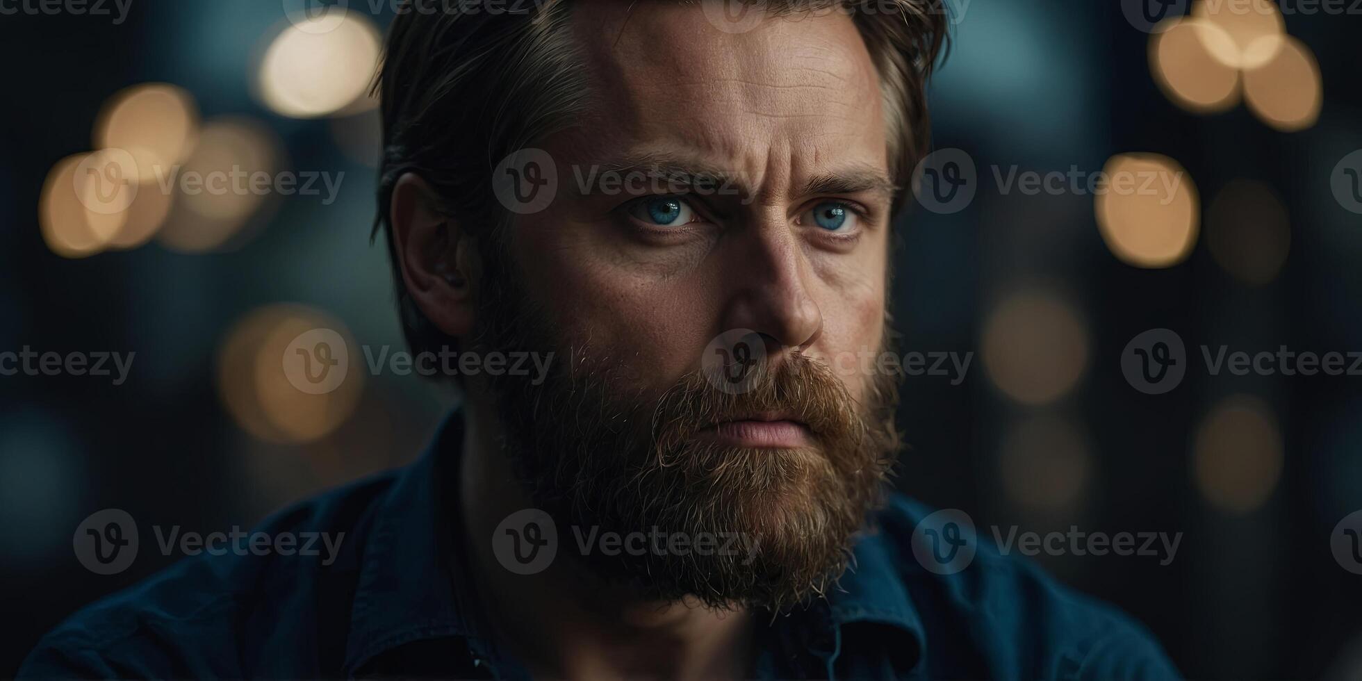 A man with a beard and blue eyes He is wearing a black shirt He has a serious look on his face. photo