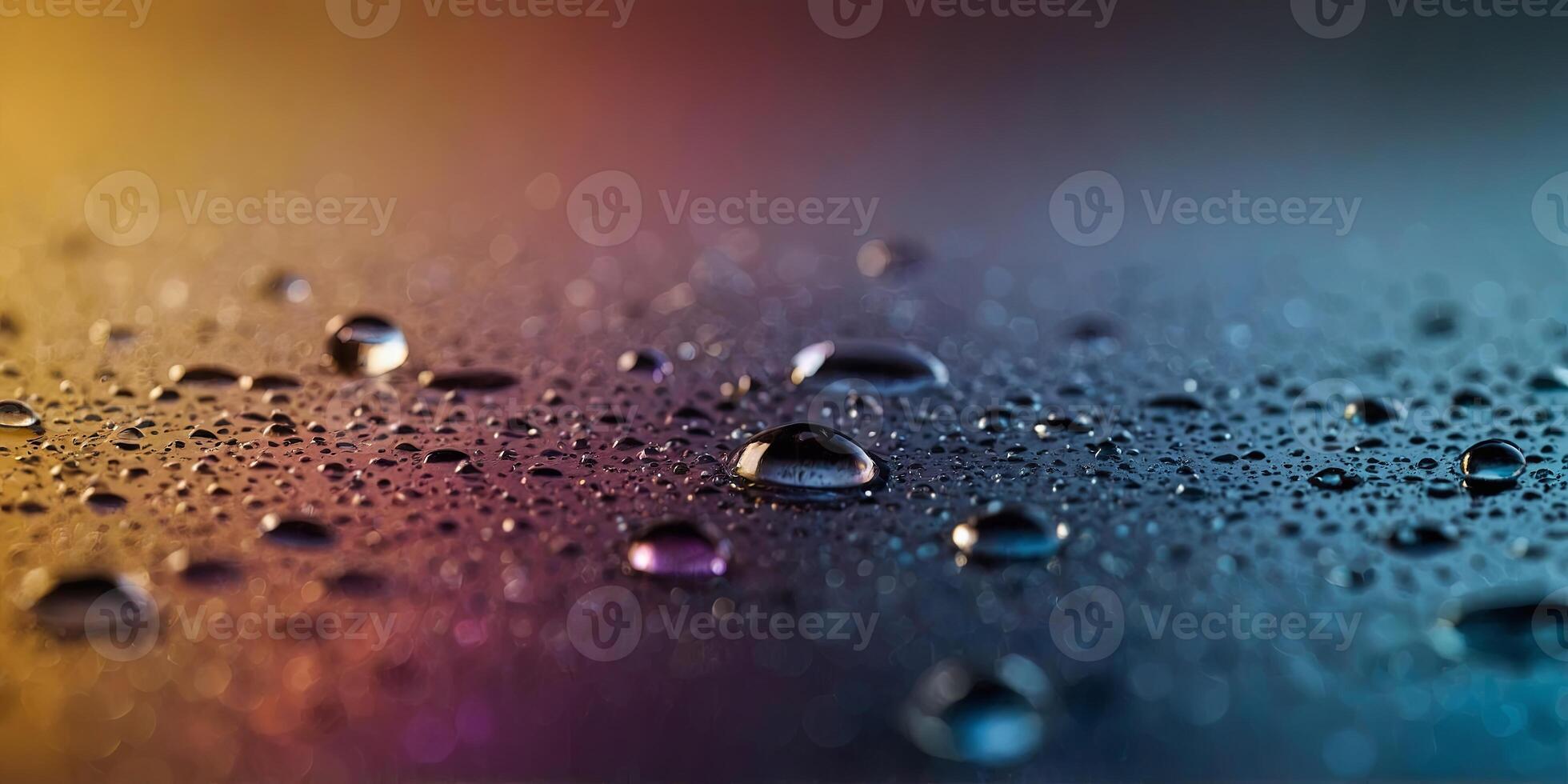 A close-up of water droplets on a glass surface, with a colorful gradient background, creating a vibrant and dynamic visual effect. photo