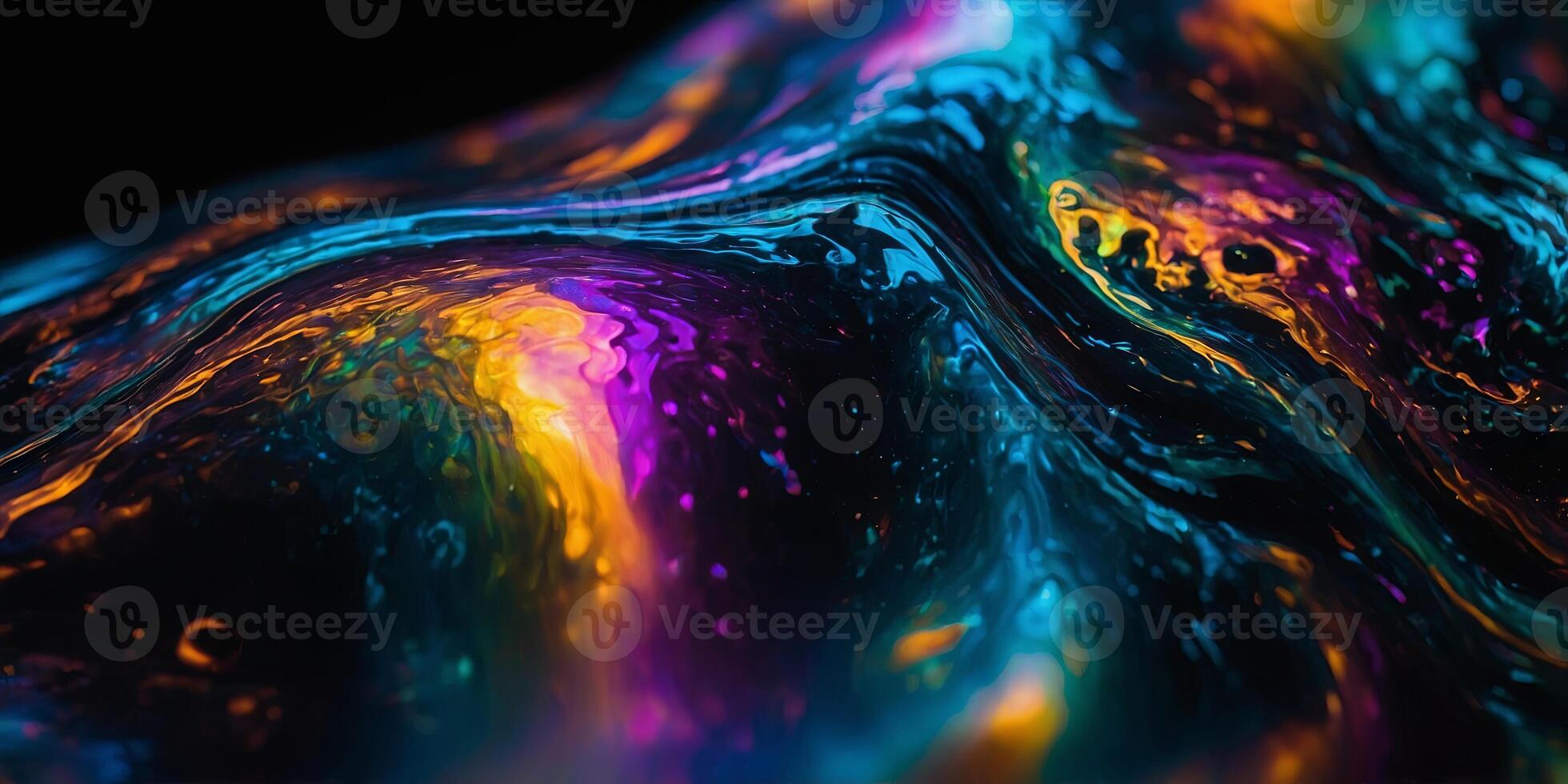 The iridescent, wavy melted substance of a holographic liquid blob is presented on a black background with a bold holographic blob form. photo