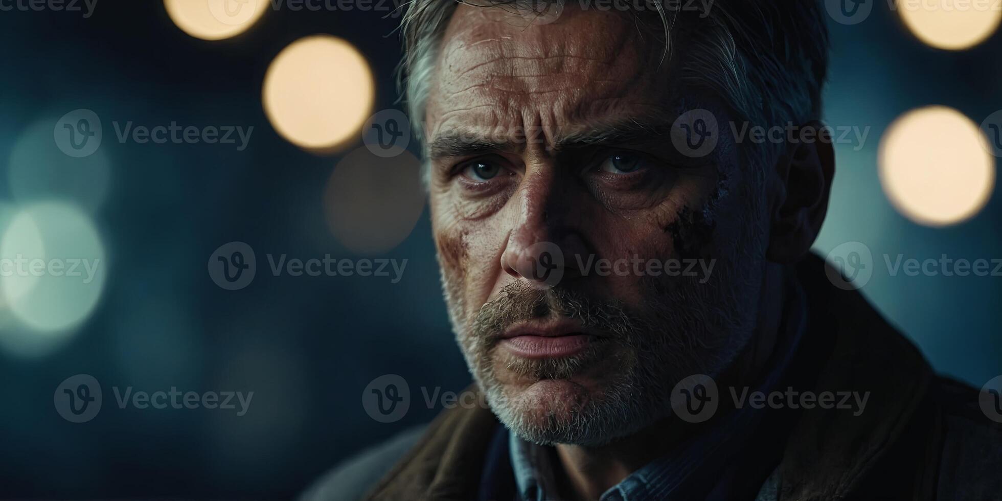 A man with a dirty face and a sad expression. photo