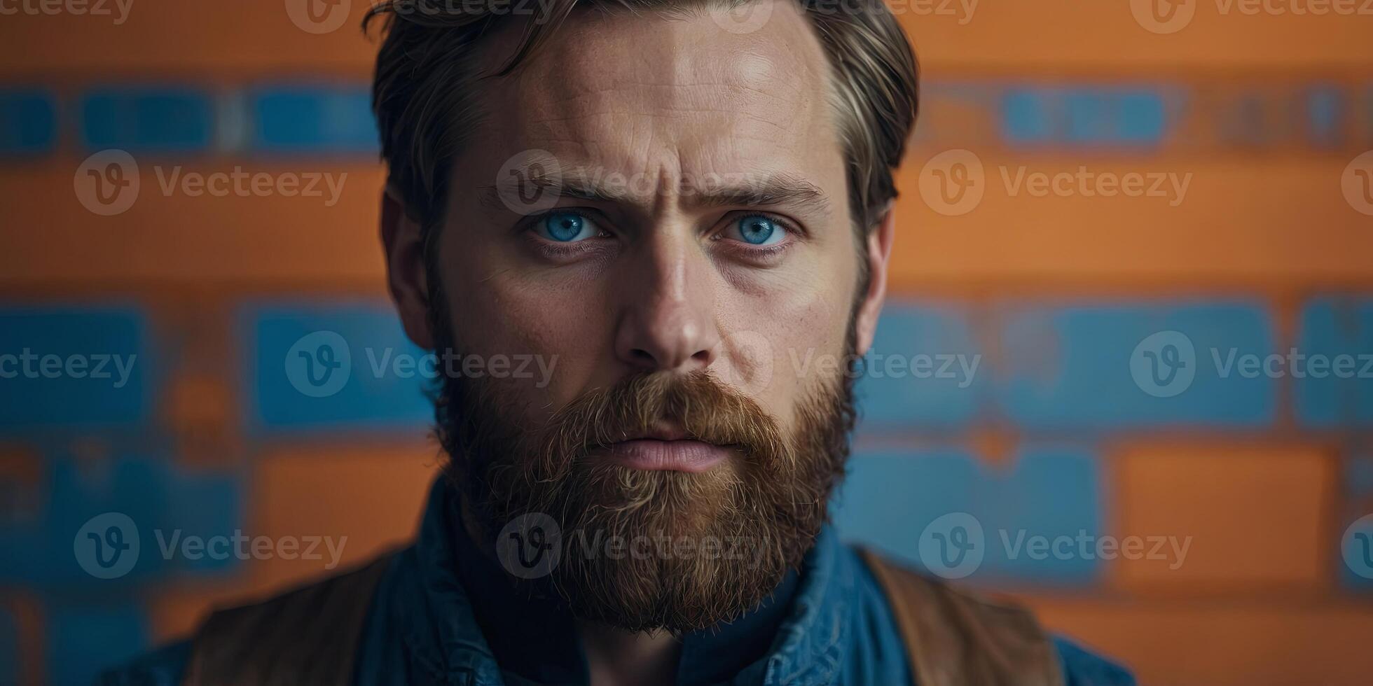 A man with a beard and blue eyes is standing in front of a blue and orange background The blue eyes are the focal point of the image, drawing attention to the man's face. photo