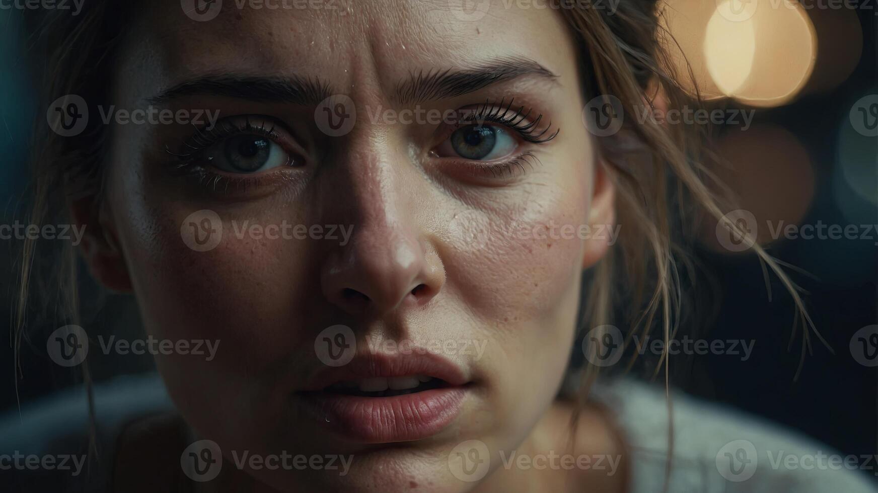 A tearful woman's delicate eyelashes frame her anguished face, highlighting the raw emotion etched into her skin and accentuating the vulnerability of her human form. photo
