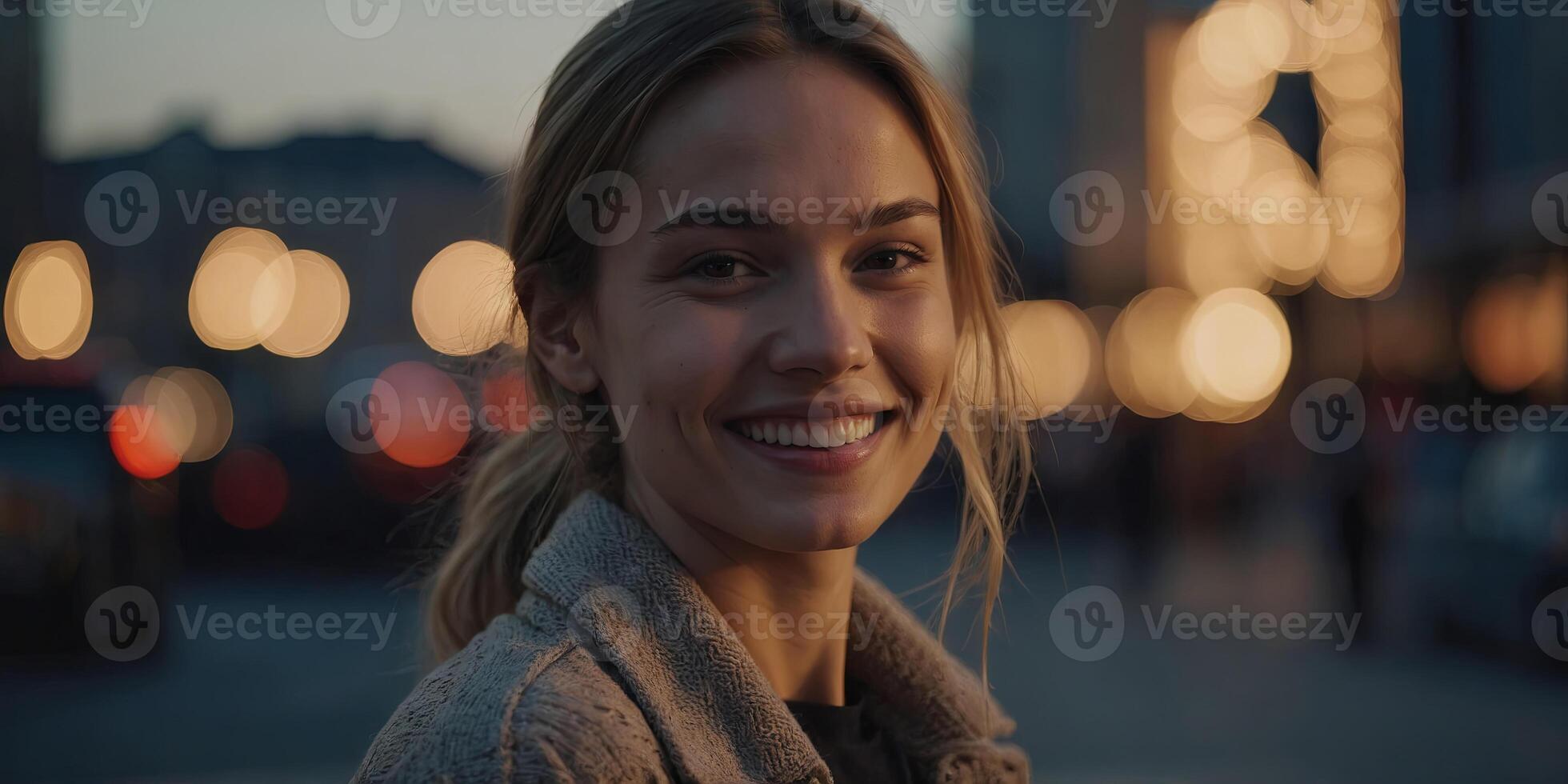 A young woman smiles confidently, her face glowing in the soft light of the city at dusk. photo