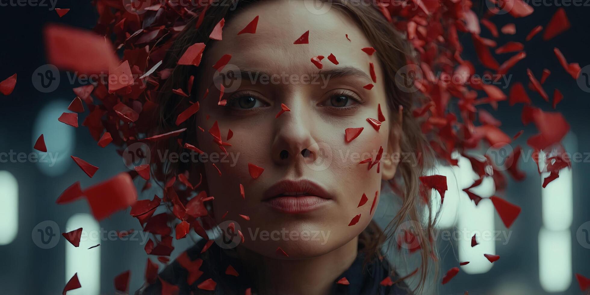 A striking image of a woman's face surrounded by red shards Perfect for dramatic and artistic projects. photo