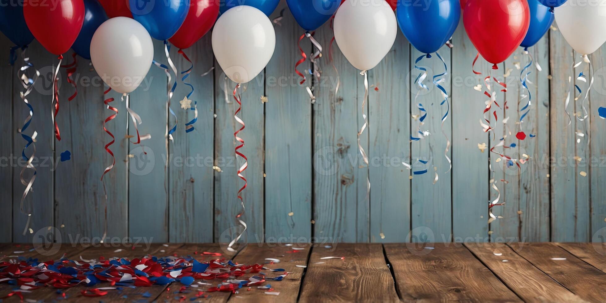 A wooden floor with red, white and blue balloons and confetti background for product display, American patriotic celebration. photo