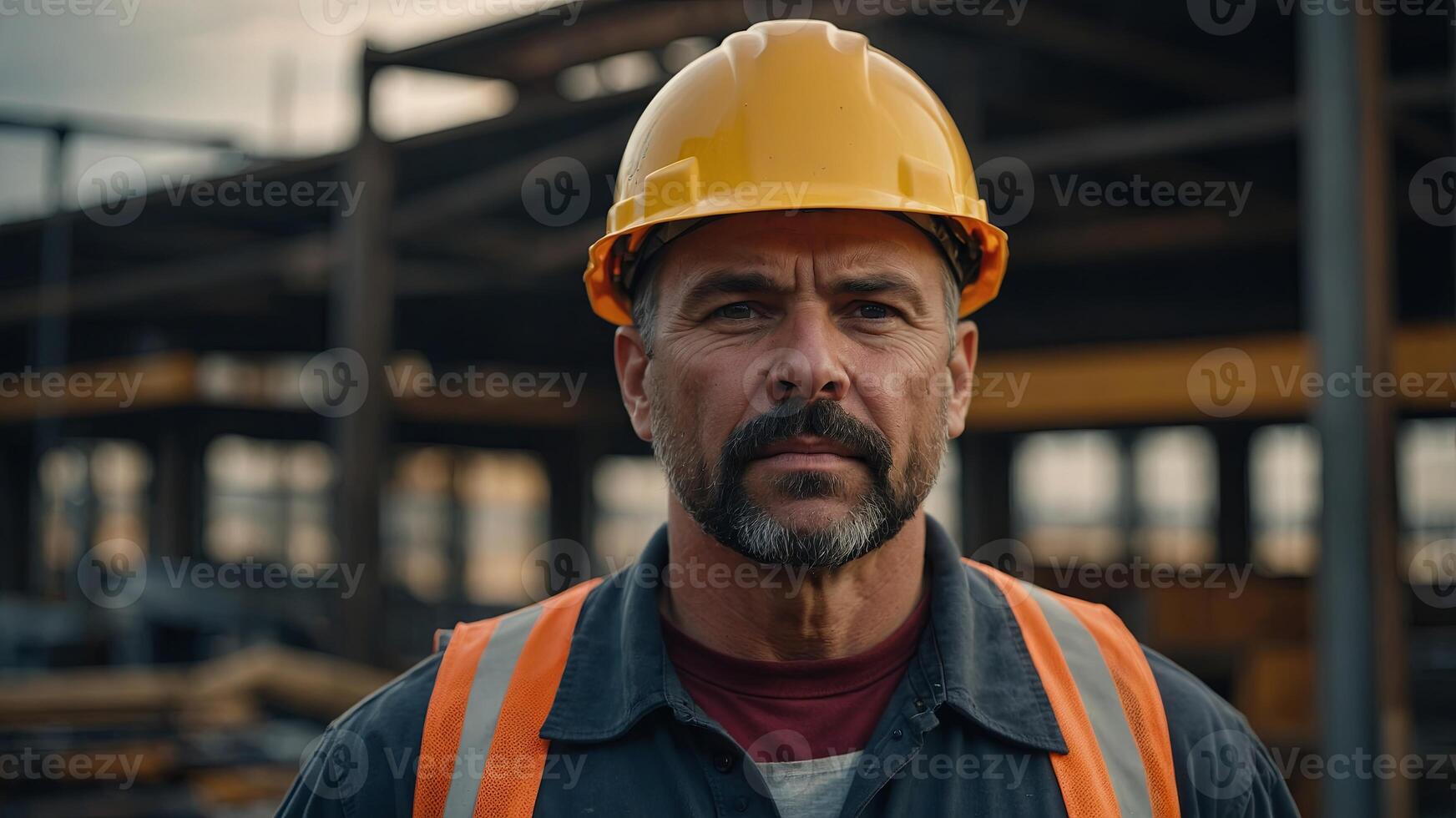 A rugged worker in a hard hat exudes confidence and expertise, highlighting the dignity of labor. photo