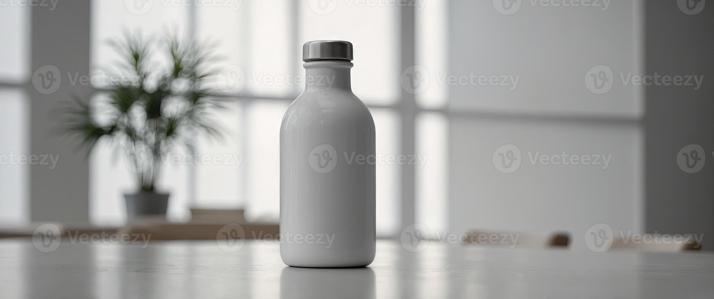 A sleek and distinctive white canteen mockup bottle presented on a minimalistic white surface. photo