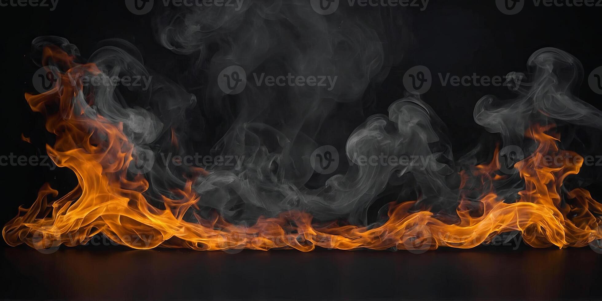 Abstract flames of fire with burning smoke on black background for products display. photo