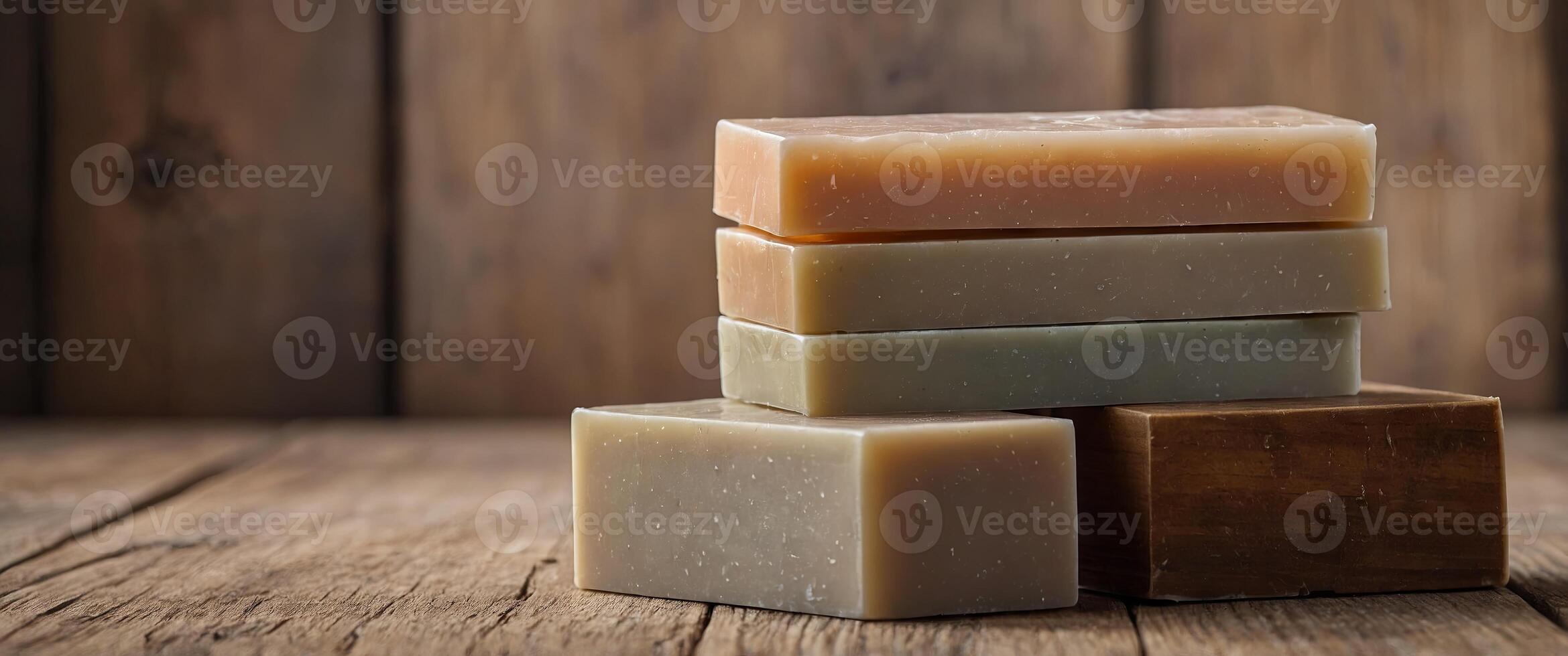A stack of soap bars arranged neatly on a wooden block. photo
