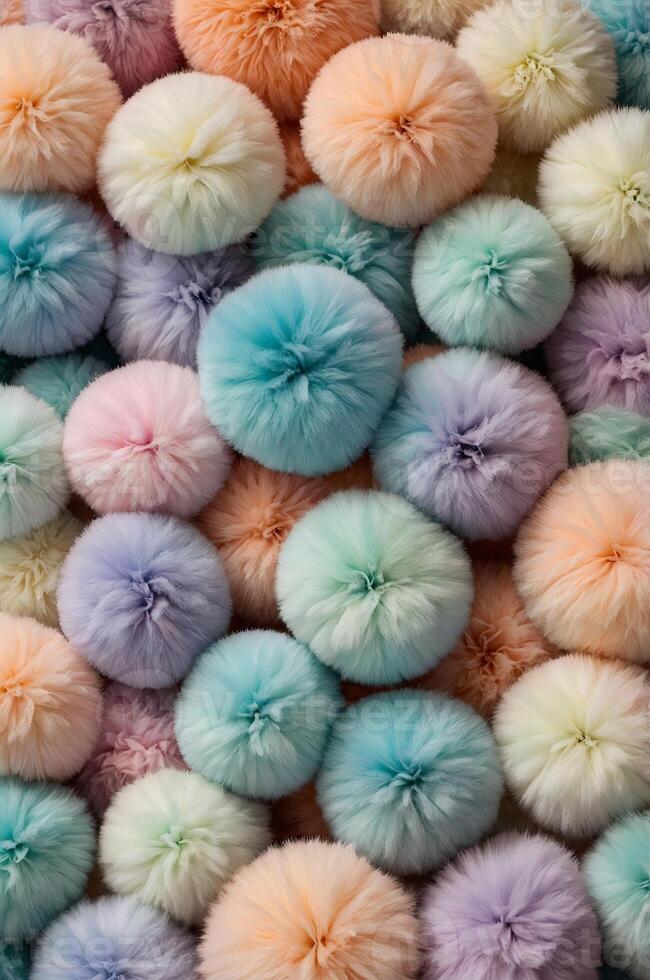 A visually pleasing vertical background featuring an array of soft and fluffy balls in gentle pastel hues, exuding a cozy and adorable atmosphere perfect for creative designs. photo