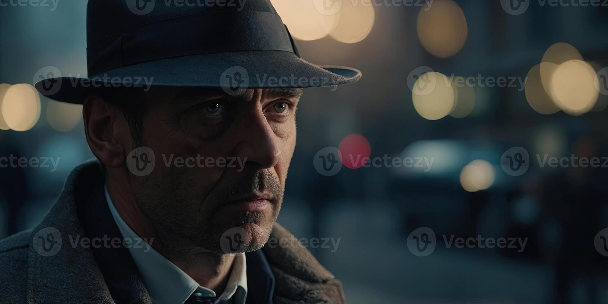 A suspenseful scene unfolds as a detective follows clues, promoting a gripping crime series , advertising style, copy space. photo