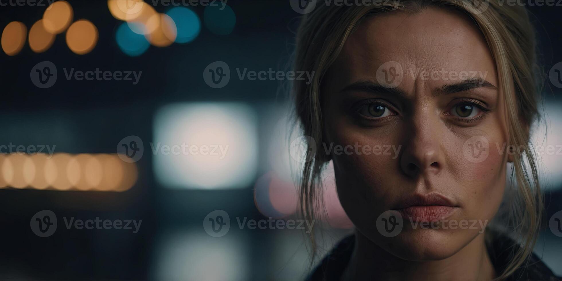 A woman with a serious expression on her face. photo