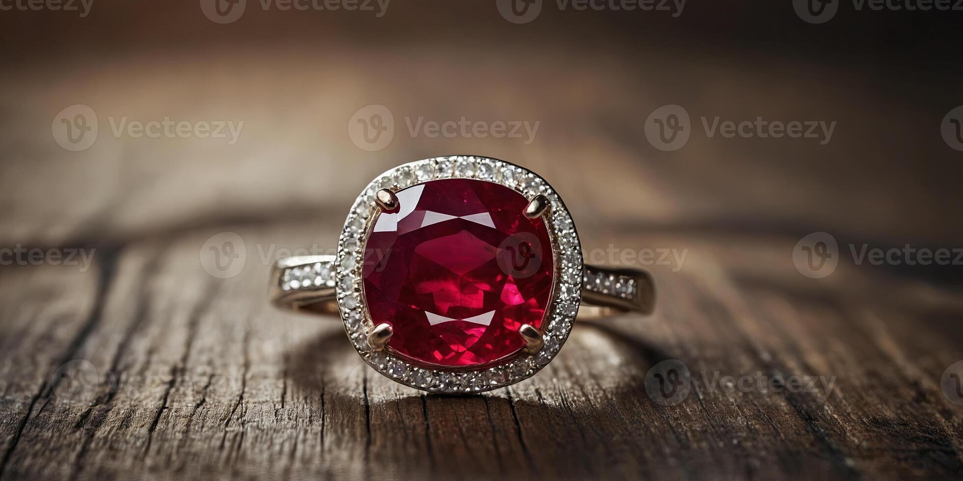 A pure ruby on old wooden background, blurred background. photo