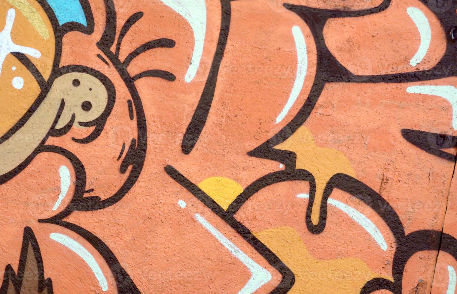 Colorful background of graffiti painting artwork with bright aerosol outlines on wall. Old school street art piece made with aerosol spray paint cans. Contemporary youth culture photo