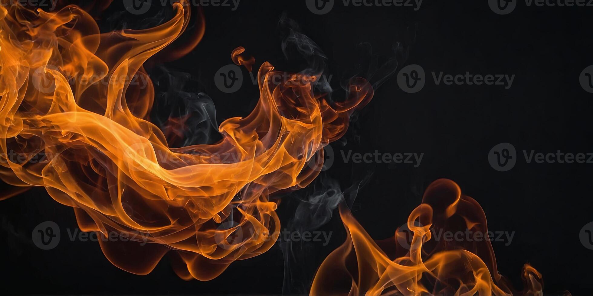 Abstract flames of fire with burning smoke on black background for products display. photo