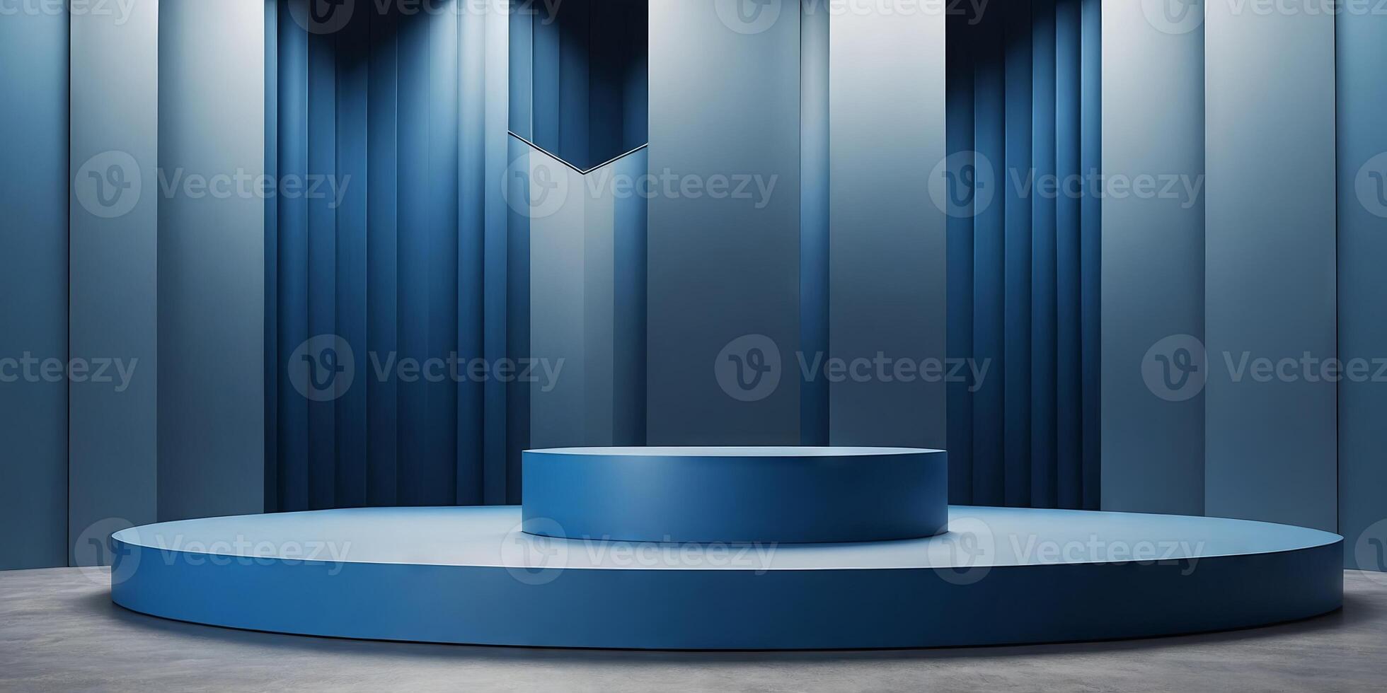 Blue Minimalist stage design, podium display, clean background, product display template. photo