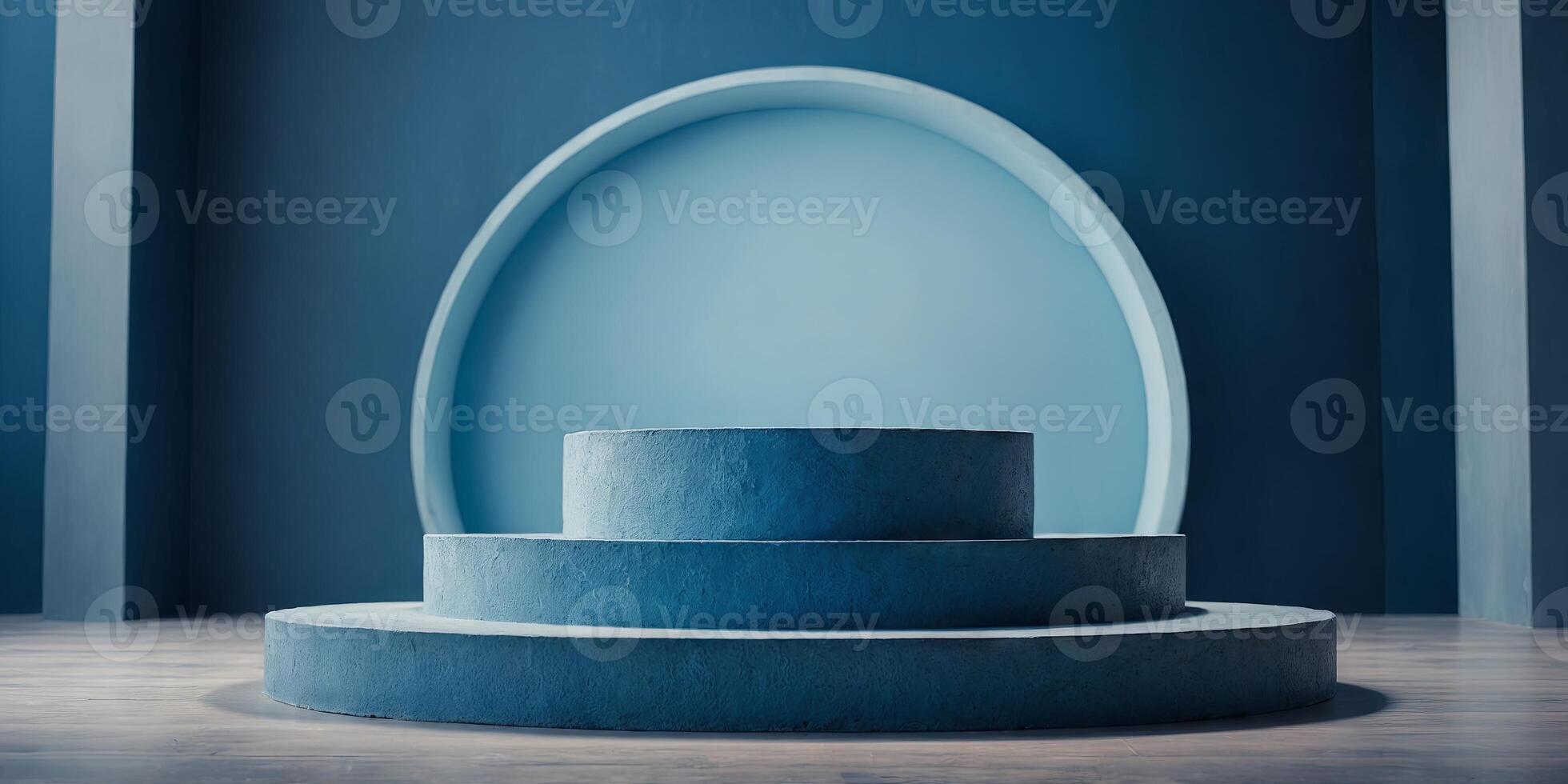 Round blue podium, simple stage and abstract shadows on blue background. photo