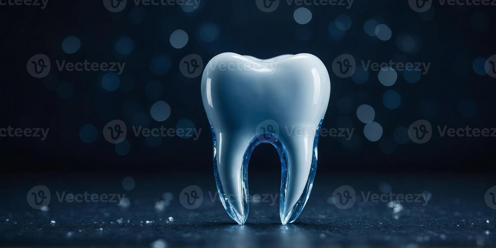 Blue and white glowing tooth on a dark blue background. photo