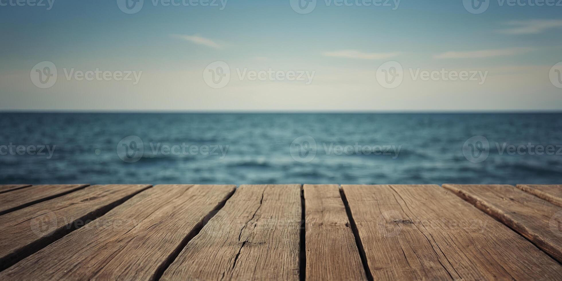 Blank Wooden table with sea background front view. photo