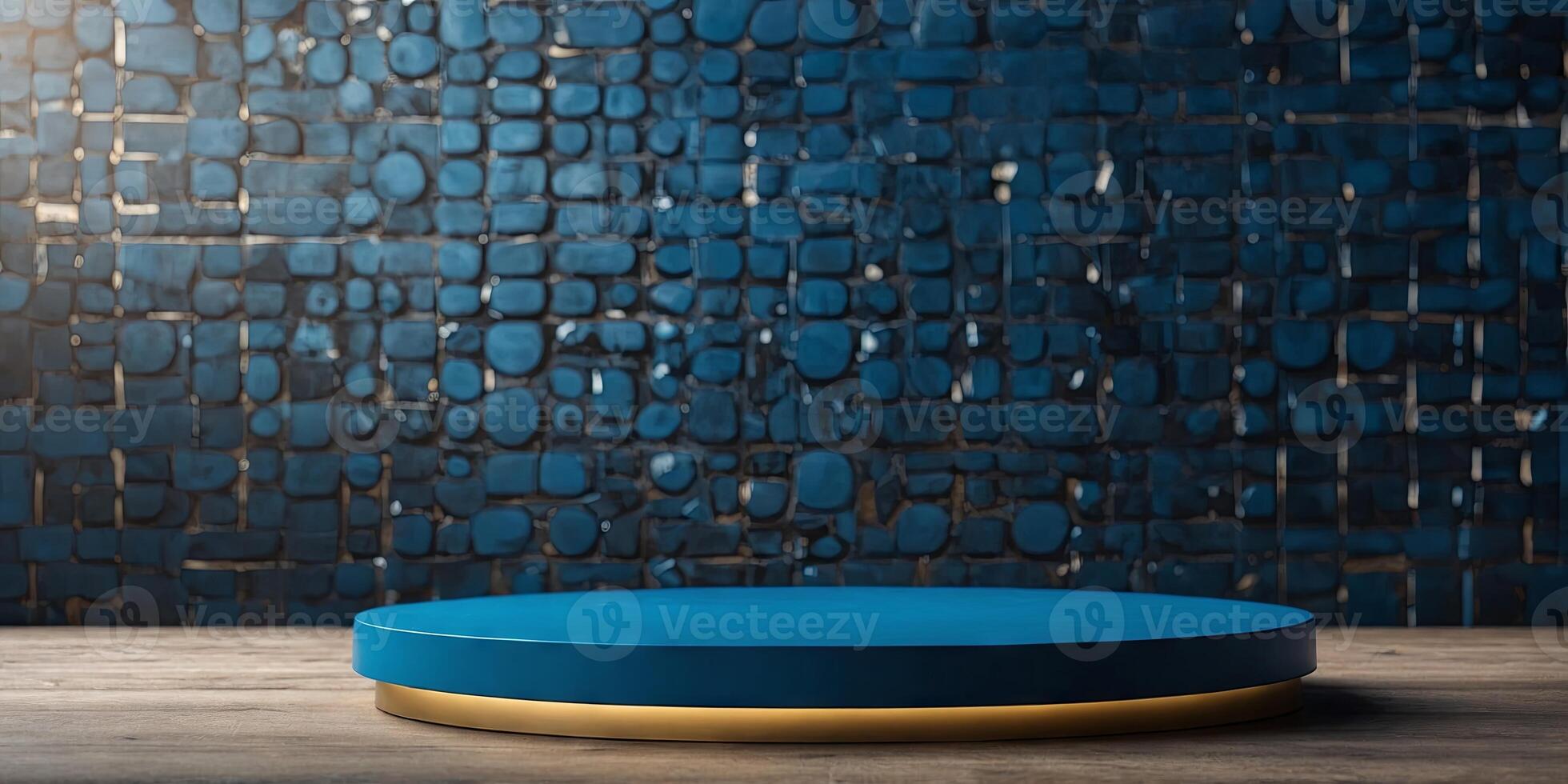 Blue round podium display for product presentation. photo