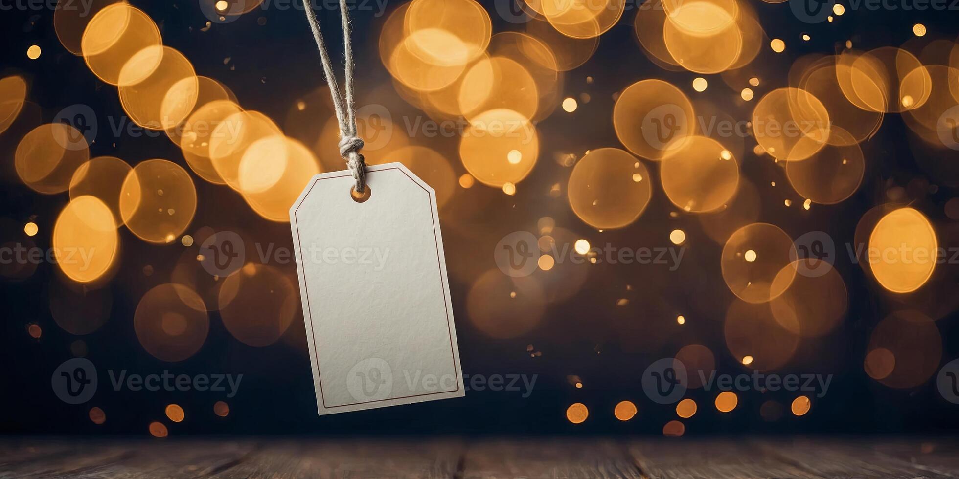 Blank paper price tag hanging on bokeh lights background. photo