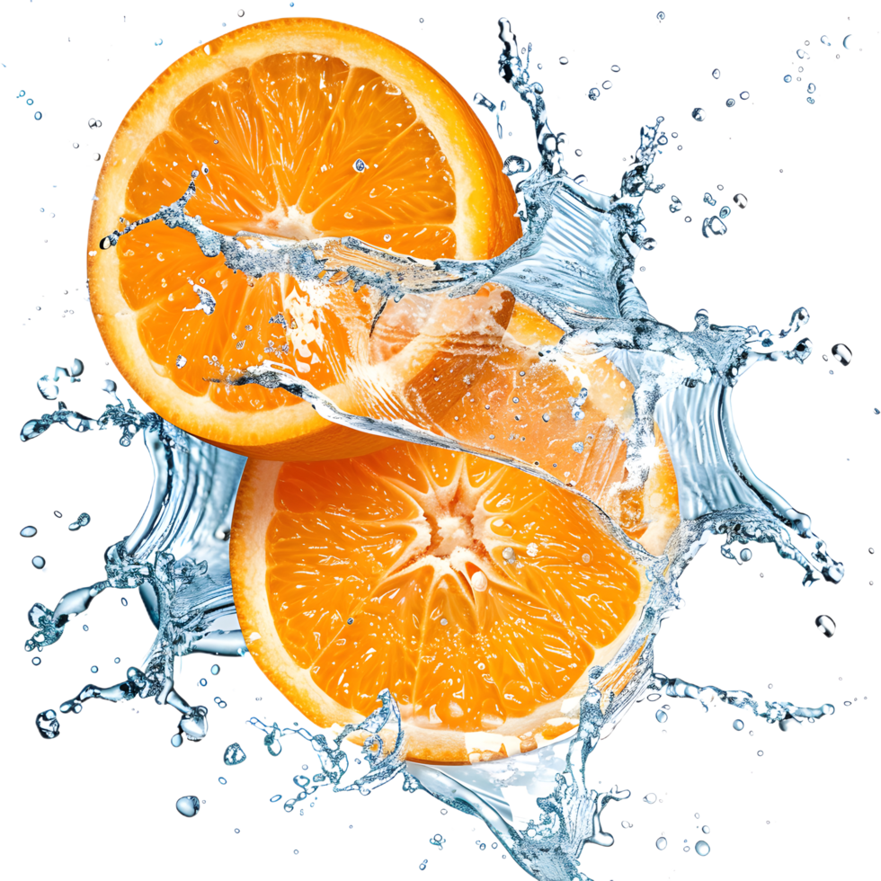 two oranges are splashing in water png