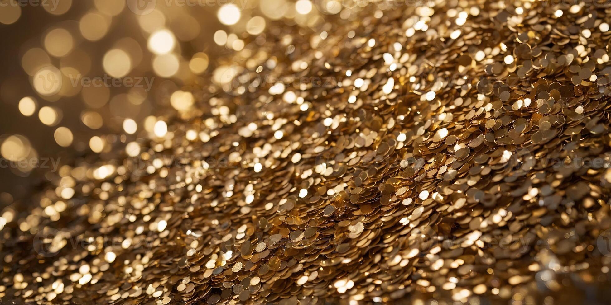 Abstract shiny gold sequins background with bokeh lighting, macro. photo