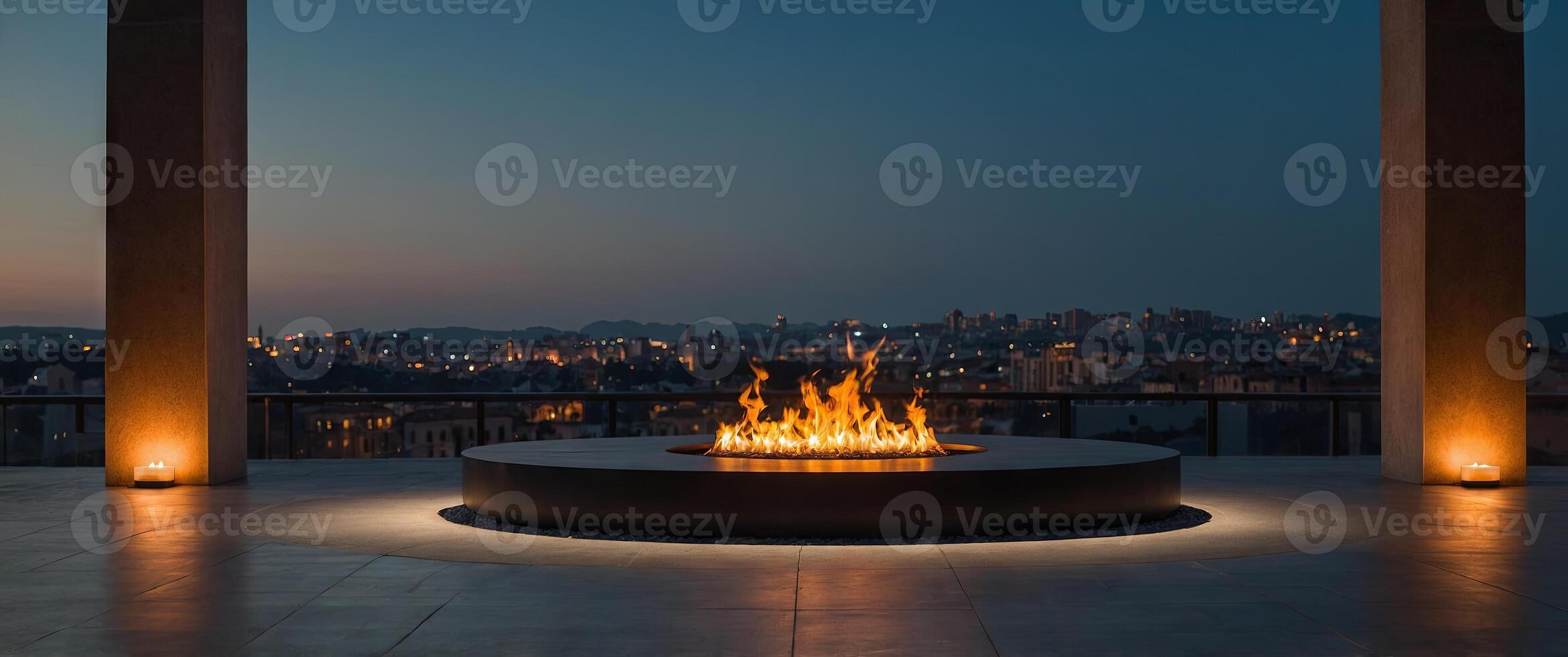 Black podium with fire pit is surrounded by architectural arches in a circular formation good for display premium product. photo