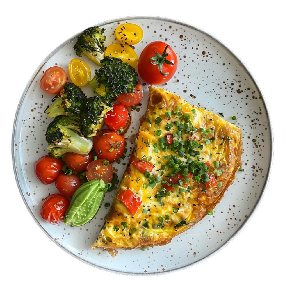 a plate with an omelet and vegetables on it png
