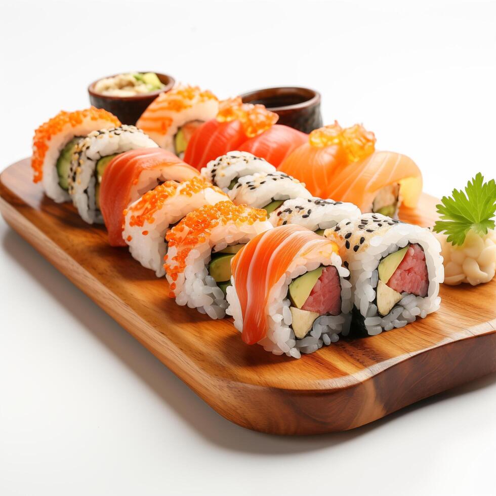 Wooden desk with different kinds of sushi isolated on white background. Photo for restaurant menu, advertising, delivery, banner