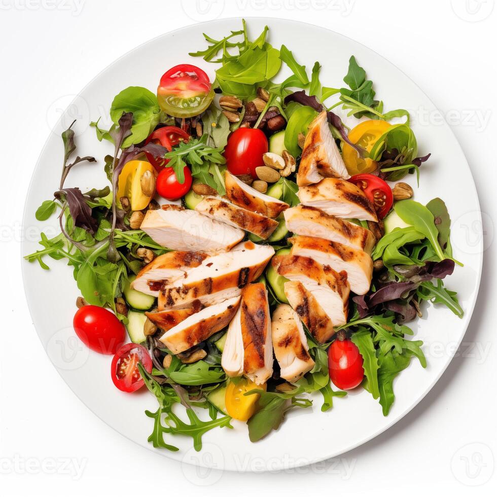 Top view of fresh salad with fresh vegetables and chicken in a round bowl. Healthy food. Commercial Banner, photo for menu