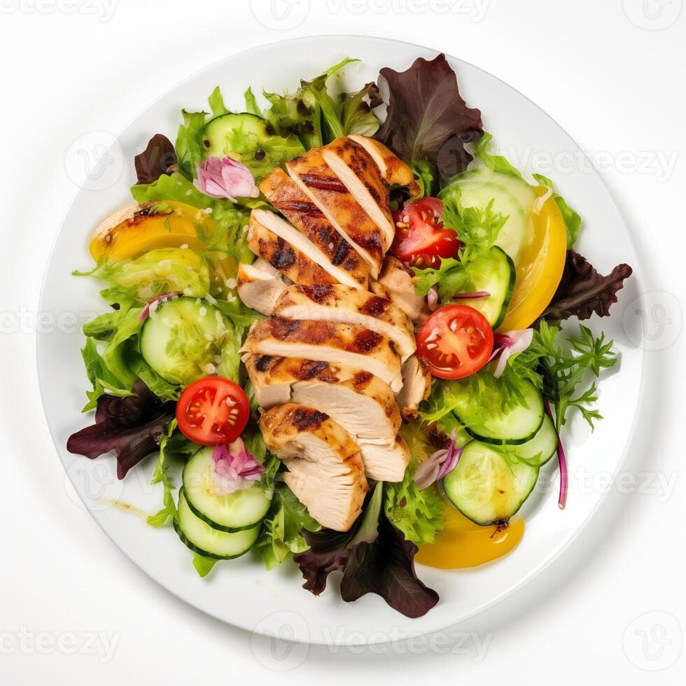 Top view of fresh salad with fresh vegetables and chicken in a round bowl. Healthy food. Commercial Banner, photo for menu