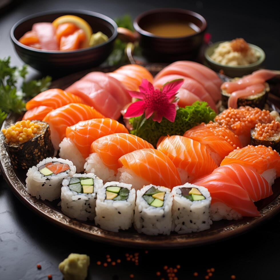 Plate with different kinds of sushi. Photo for restaurant menu, advertising, delivery, banner