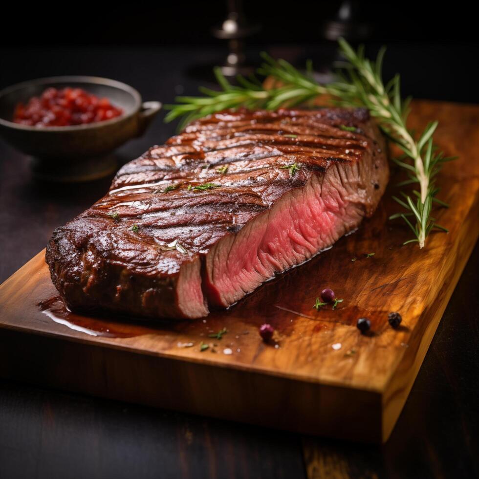 Piece of rump steak on cutting board dark background. Cured spiced and smoked Pastrami. Photo for restaurant menu, advertising, delivery, banner