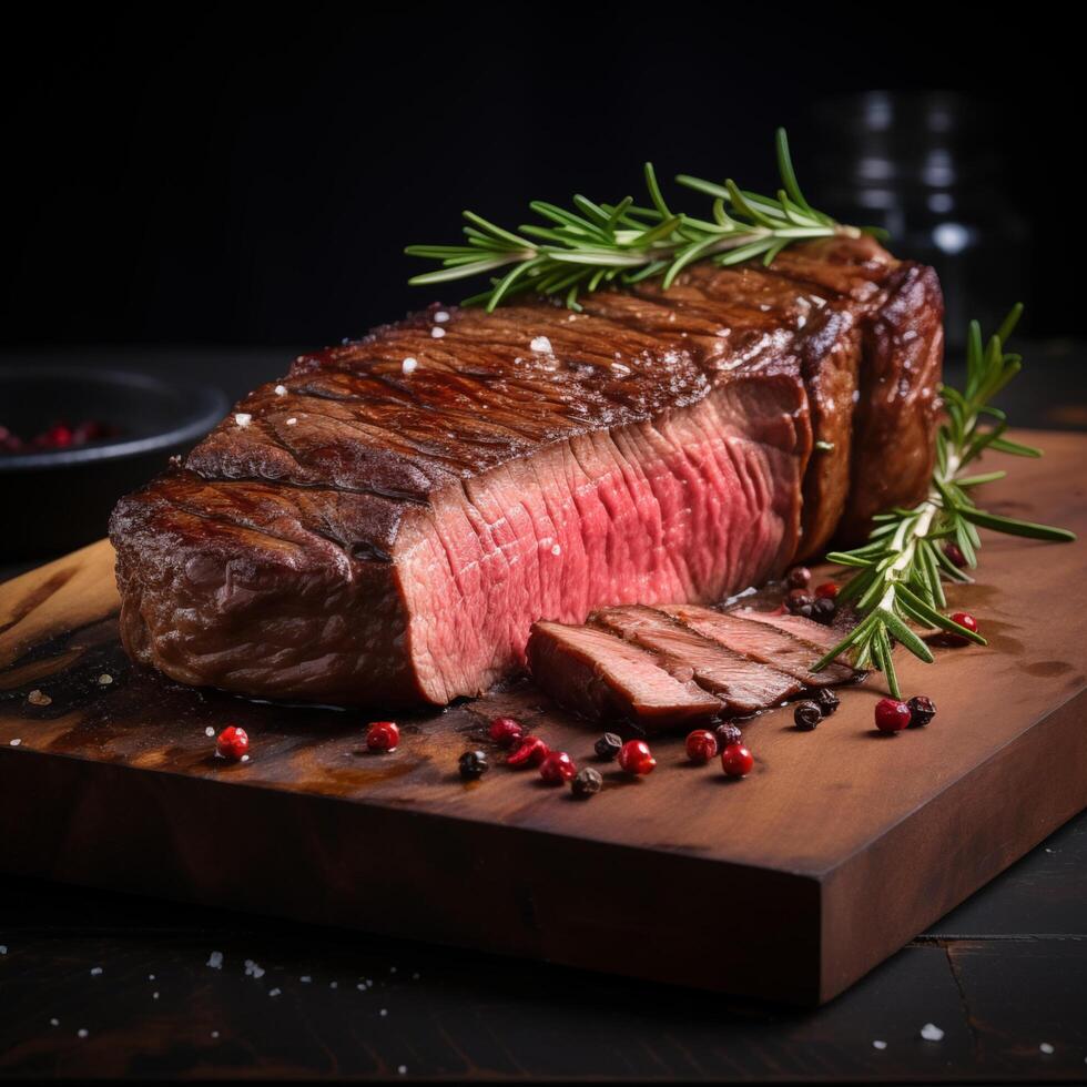 Piece of rump steak on cutting board dark background. Cured spiced and smoked Pastrami. Photo for restaurant menu, advertising, delivery, banner
