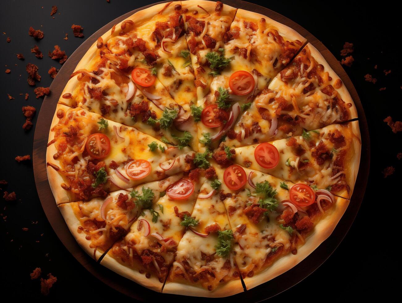 Top view of pizza isolated on black background. Photo for restaurant menu, advertising, delivery, banner
