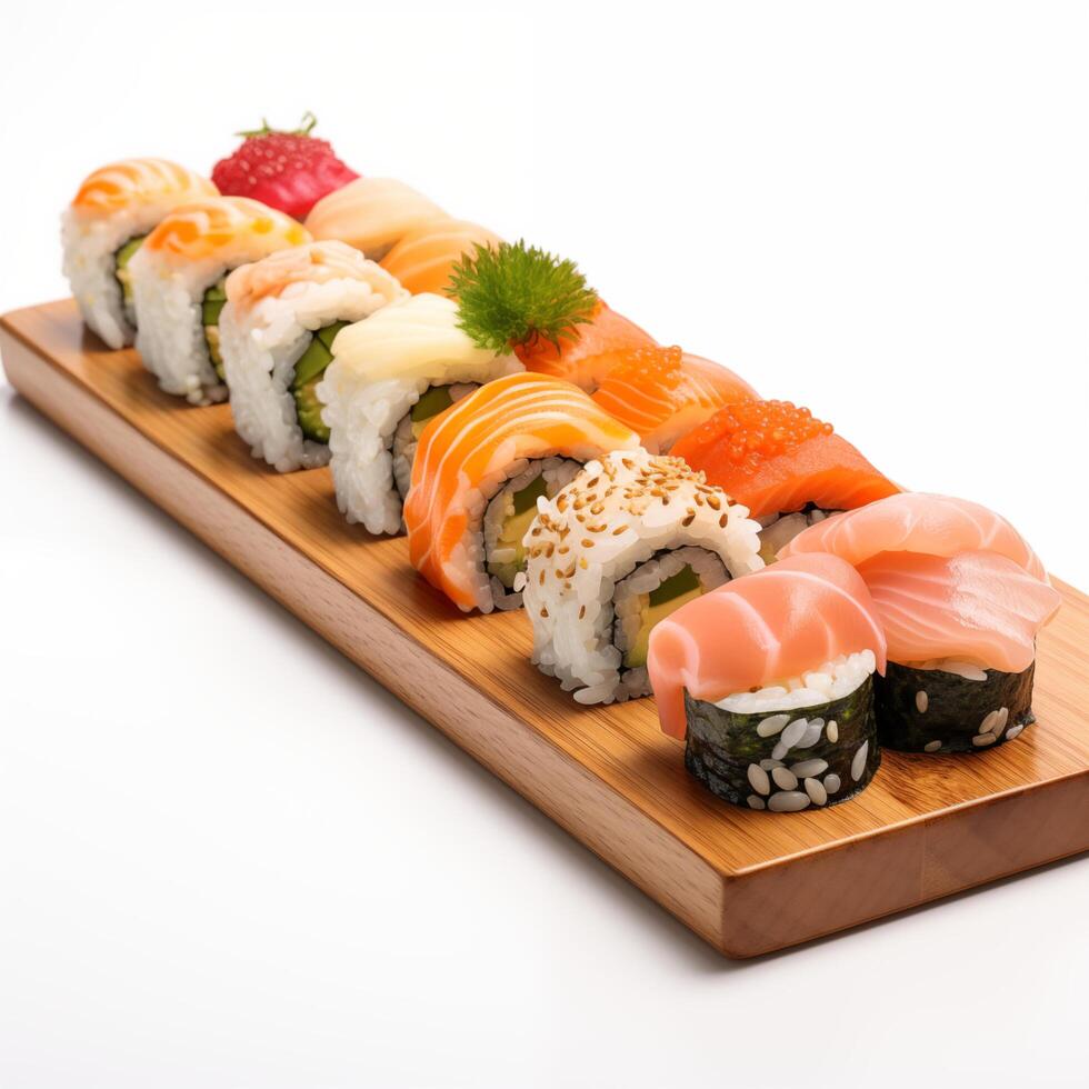 Wooden desk with different kinds of sushi isolated on white background. Photo for restaurant menu, advertising, delivery, banner
