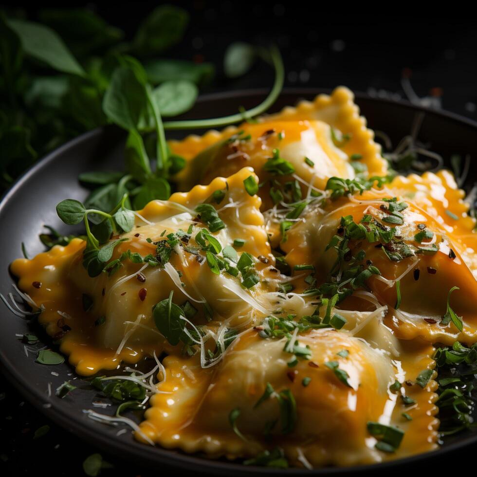 Plate with ravioli in white souce, Italian food. Photo for restaurant menu, advertising, delivery, banner