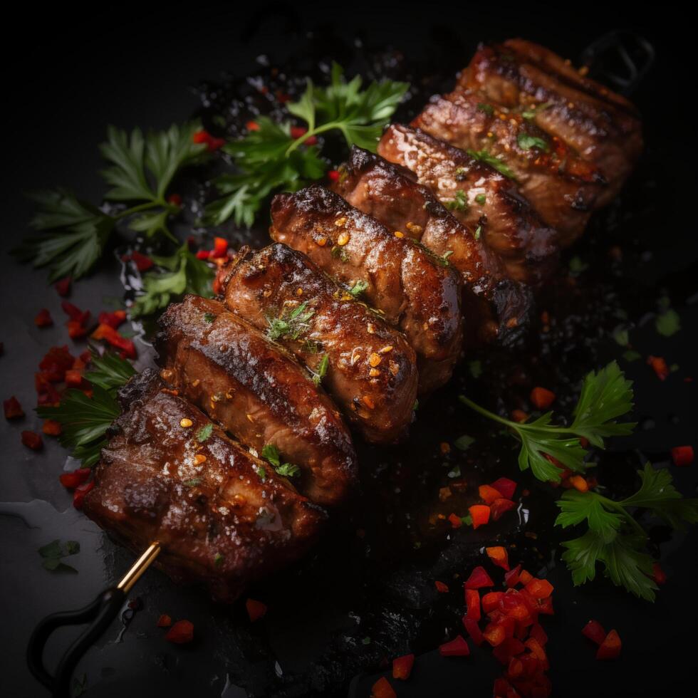 Photo of Grilled meat skewers shish kebab on black background. Photo for restaurant, menu, advertising, banner
