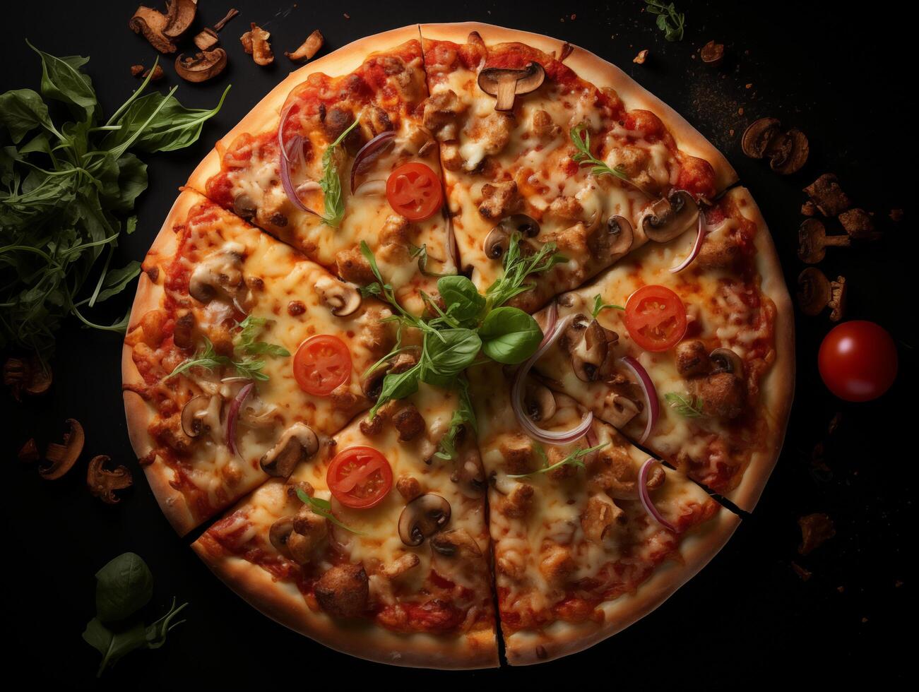Top view of pizza isolated on black background. Photo for restaurant menu, advertising, delivery, banner