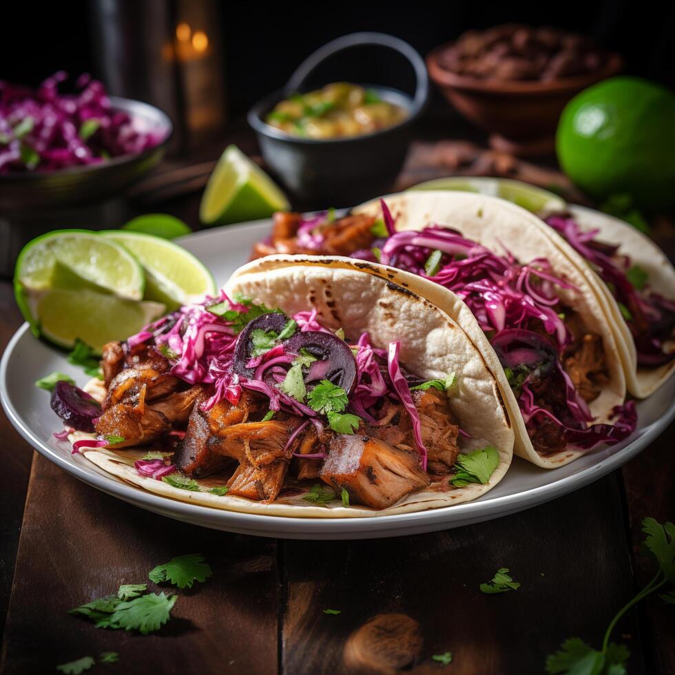 Mexican tacos flatlay composition with onions, beef and lemon. Photo for restaurant menu, advertising, delivery, banner