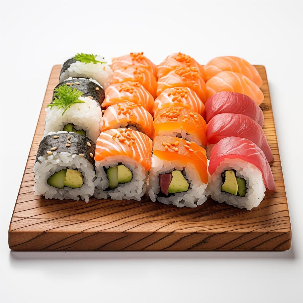 Wooden desk with different kinds of sushi isolated on white background. Photo for restaurant menu, advertising, delivery, banner