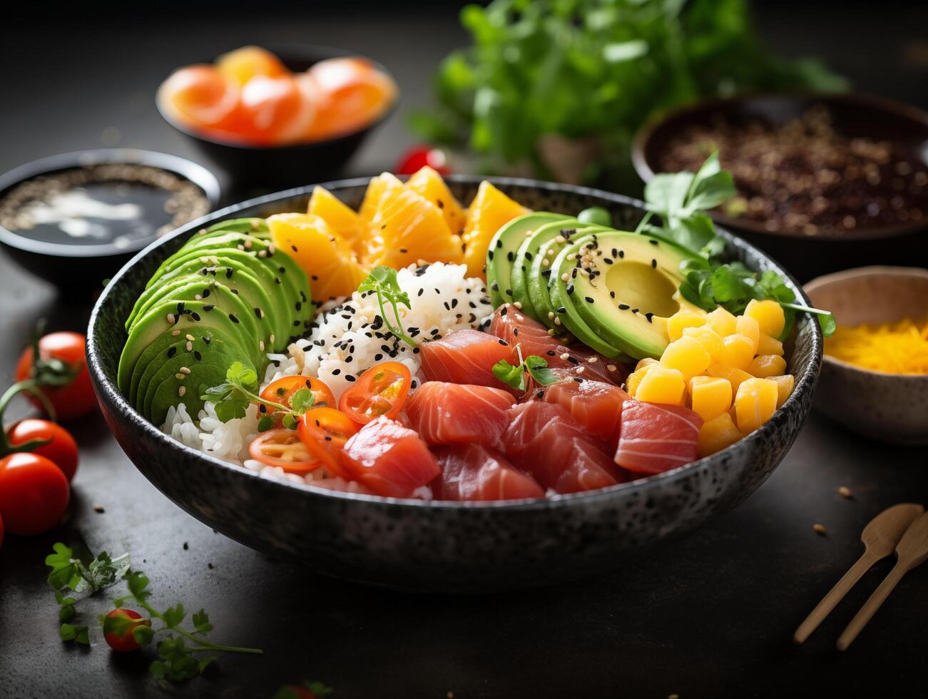 Hawaiian poke bowl with tuna, salmon avocado, rice, tomato, mango. Photo for restaurant menu, advertising, delivery, banner