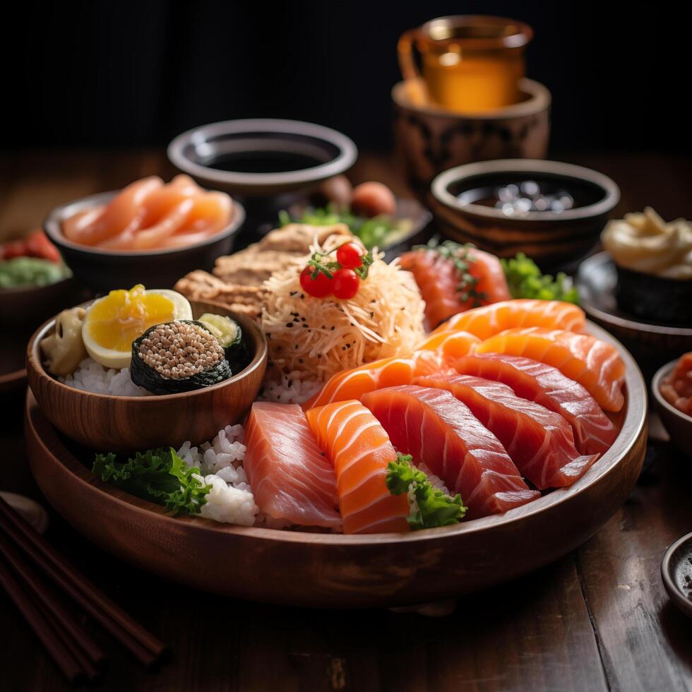 Plate with different kinds of sushi. Photo for restaurant menu, advertising, delivery, banner
