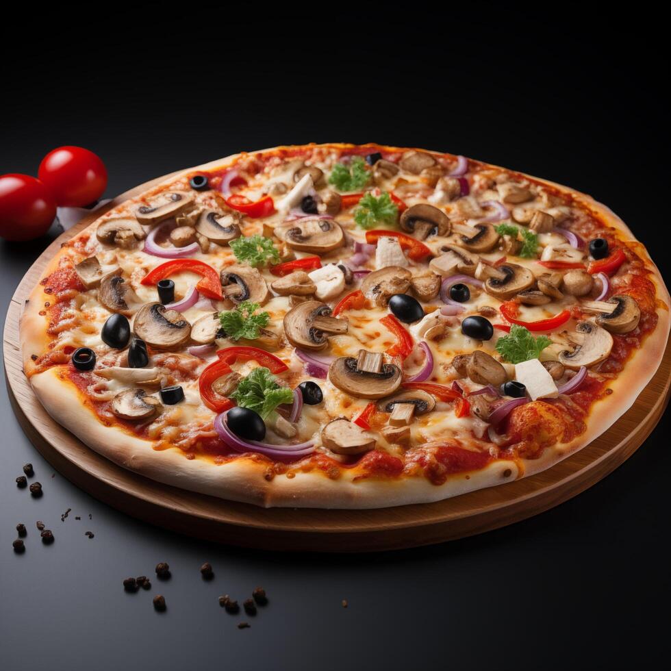 Top view of pizza isolated on black background. Photo for restaurant menu, advertising, delivery, banner